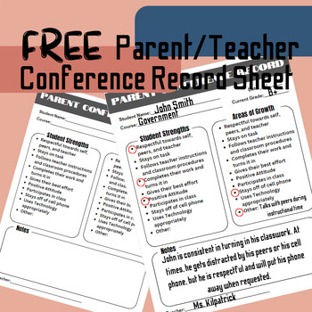 Preview of FREE MS/HS Parent-Teacher Conference Record Sheet