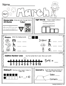 free march morning work for kindergarten math and reading worksheets