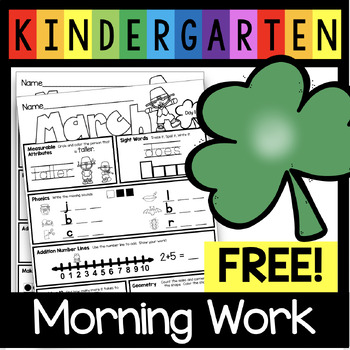 Preview of FREE March Morning Work for Kindergarten - Math Phonics St. Patrick's Day