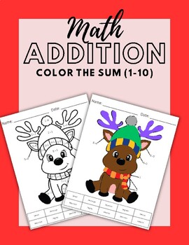 Preview of FREE Math Color the Sum (addition facts 0-10) Winter Reindeer (Christmas)