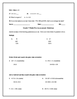 Preview of FREE Math Pre-Assessment of Basic Skills: Grades 6-8