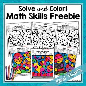 Preview of FREE New Years Math Color by Code Worksheets