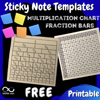 Preview of FREE Math Sticky Note Templates Multiplication Facts Chart & Fraction Bars Print