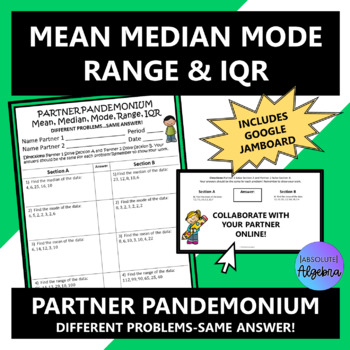 Preview of FREE Mean Median Mode Range IQR PDF and Google Jamboard Partner Pandemonium