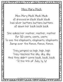 FREE Miss Mary Mack Song Cards by Easy Peasy Lemon Squeezy