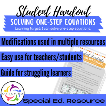 Preview of FREE - Algebra - One-Step Equations Student Handout for Special Ed