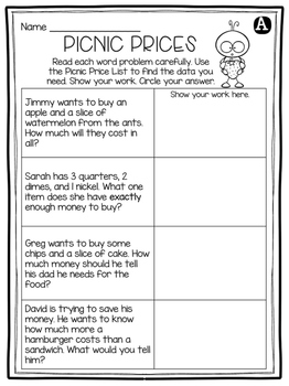 free money word problems activity by 2nd grade snickerdoodles tpt