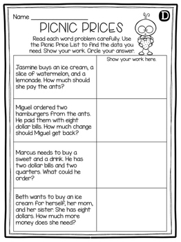 free money word problems activity by 2nd grade
