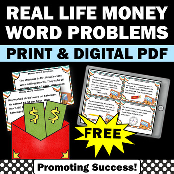 Preview of FREE Money Word Problems Task Cards Story Problems 3rd 4th Grade Math Review