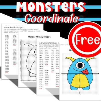 Preview of FREE Monsters Math Coordinate Graphing Mystery Pictures | Plotting Ordered Pairs