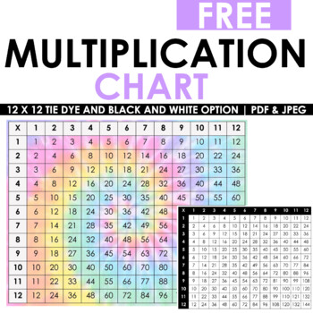 free multiplication chart tie dye black and white 12 x 12 tpt