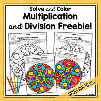 Preview of FREE Groundhog Day Multiplication and Division Color by Code Worksheets