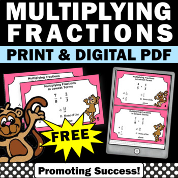 Preview of FREE Multiplying Fractions Task Cards 4th 5th Grade Math Review Easel Activities