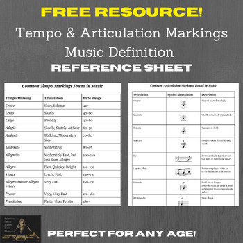 Preview of FREE Music Tempo & Articulation Markings Definition Reference Sheet
