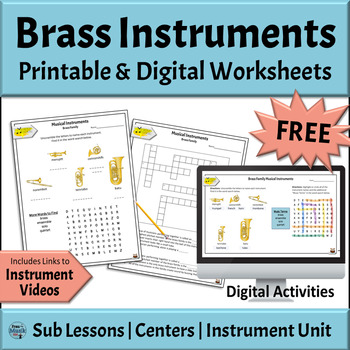 Preview of FREE Musical Instrument Family Worksheets DIGITAL and PRINTABLE Puzzles - Brass