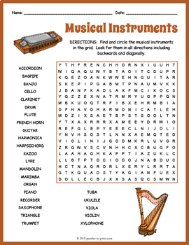 free musical instruments word search puzzle worksheet