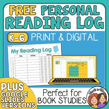 Preview of Reading Log FREEBIE Book or Novel Study for Silent Reading Homework Centers More