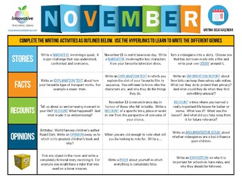 Preview of FREE NOVEMBER WRITING PROMPTS | Interactive Writing Task Calendar