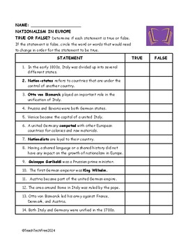 Preview of FREE! Nationalism in Europe True/False Questions - Module 26 Support 6th Grade