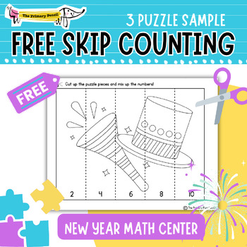 Preview of FREE New Year Cut & Glue Number Puzzle Math Center | Skip Counting 2s, 5s, & 10s