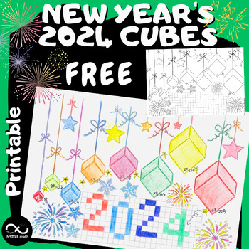 Preview of FREE New Year's 2024 Cubes Math Craft Activity Bulletin Board Math & Art Project
