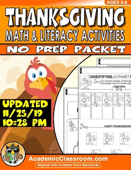 Preview of FREE -November NO PREP Math and Literacy Packet Thanksgiving (Primary Grades)