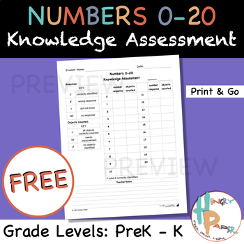 Preview of FREE Numbers 0-20 Knowledge Assessment for PreK & K