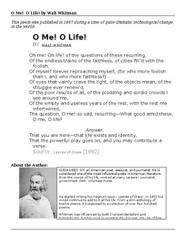 Preview of FREE | O Me! O Life! by Walt Whitman POETRY ANALYSIS ACTIVITY