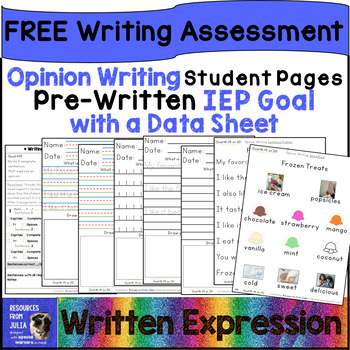 Preview of FREE Opinion Writing Assessment with IEP Goal and Data Sheet Grade 1