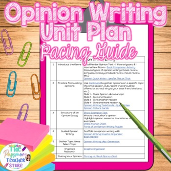 Preview of FREE Opinion Writing Pacing Guide l 15 Day Unit Plan