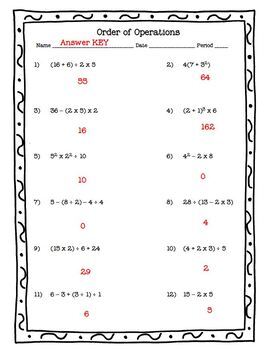 Order of Operations Worksheet with Answer KEY includes Exponents