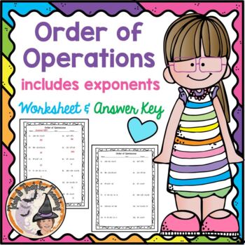 Preview of Order of Operations Worksheet with Answer KEY includes Exponents