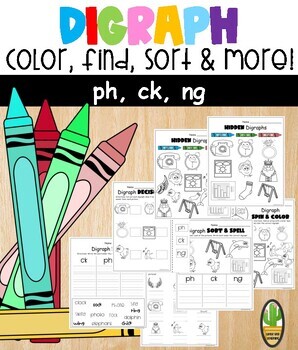 Preview of FREE PH, CK, & NG Digraph Worksheet Set: Color, Sort, Write & more!