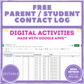 Preview of FREE Parent / Student Contact Log - Google Sheets - Distance Learning