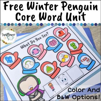 Preview of FREE Penguin Winter Core Vocabulary Word Activities for Speech Therapy