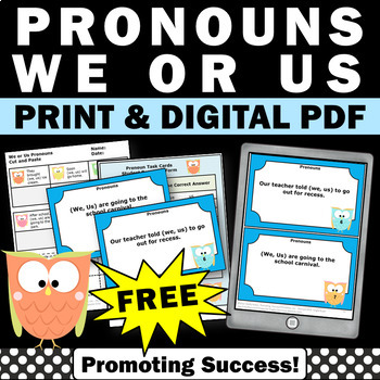 Preview of FREE Personal Pronouns We or Us Parts of Speech Grammar Review Task Cards