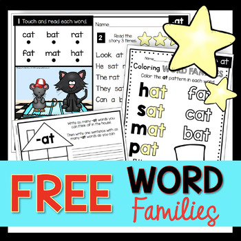 Preview of FREE Phonics Word Families Worksheets Activities Fluency Decodables Kindergarten