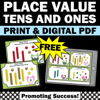 Preview of FREE Place Value Tens and Ones Task Cards 1st Grade Math Review Digital Activity