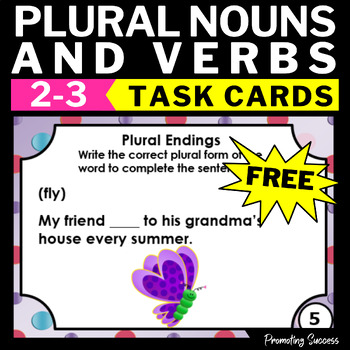 Preview of FREE Singular and Plural Nouns and Verbs Task Cards es ies s 1st 2nd Grade ESL
