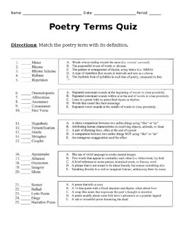 Preview of Poetry Terms Test: 25 Matching Terms with Definitions