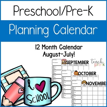 Preview of FREE Preschool/Pre-K 12 Month Planning Calendar: August-July