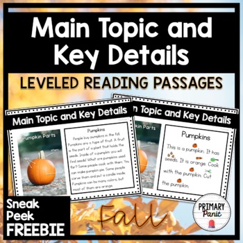 Preview of FREE Pumpkin Main Topic and Key Details Leveled Reading Passages