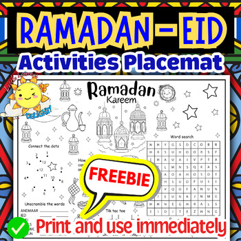 Preview of FREE Ramadan placemat for K 1St 2nd grade|Eid al-Fitr Worksheets Islam Muslim