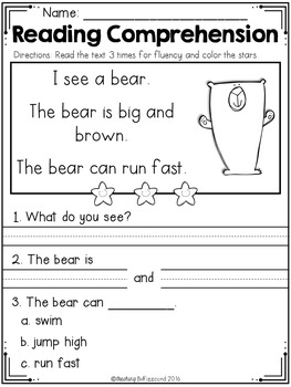 free kindergarten reading comprehension passages set 1 tpt