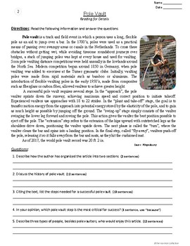 FREE - Reading Comprehension Passages and Questions Pole Vault