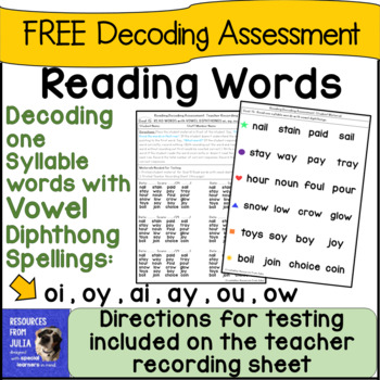 Preview of FREE Reading Decoding Assessment Vowel Diphthongs Vowel Spellings Grade 2