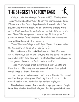 FREE Reading Passage: 1966 Texas Western College Basketball Team ...