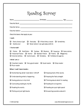 FREE Reading Survey - Great for Grades 2-6 by Lisa Frase | TpT