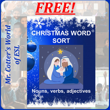 Preview of FREE Religious Christmas Nouns Verbs Adjectives Word Sort - Merry Christmas!