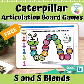 Preview of FREE S and S Blends Caterpillar Board Games Boom Cards Activity Speech Therapy